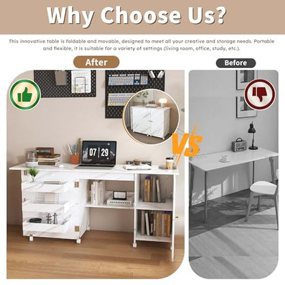 4-in-1 Folding Sewing Table with Storage, Sewing Desk Foldable with Lockable Wheels & Power Socket, Sewings Machine Cabinet & Craft Desk with Shelves, Compact Design (White, 57 Inch) - color: White, size: 57 Inch