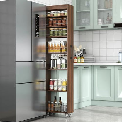7-Tier Slim Mobile Shelving Cart with Wheels, Rolling Pantry with 7 Racks, Narrow Pull-Out Utility Cart, Space Saving Storage Organizer Carts for Kitchen Living Room Bathroom Narrow Spaces, Walnut - size: Walnut & 7.87"D x 17.72"W x 70.87"H