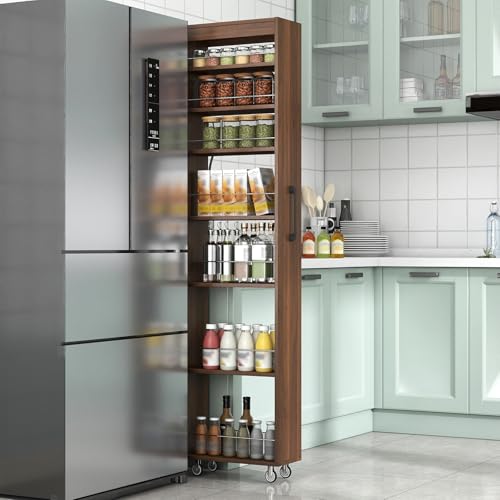 7-Tier Slim Mobile Shelving Cart with Wheels, Rolling Pantry with 7 Racks, Narrow Pull-Out Utility Cart, Space Saving Storage Organizer Carts for Kitchen Living Room Bathroom Narrow Spaces, Walnut - size: Walnut & 7.87"D x 17.72"W x 70.87"H