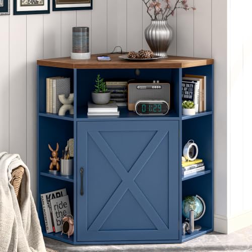 Vabches Corner Cabinet, Corner Storage Shelf with USB Ports and Outlets Industrial Organizer for Small Space Wooden 6-Cubby Bookshelf for Study, Playroom, Living Room (Blue and Brown) - color: Blue and Brown