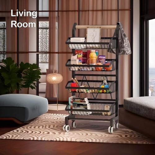 4-Tier Rolling Storage Cart with Wheels, Adjustable Metal Fruit & Vegetable Basket Organizer with Wood Handle, Mesh Wire Utility Rack for Kitchen, Pantry, Bathroom, Black