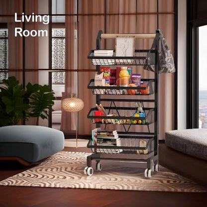 4-Tier Rolling Storage Cart with Wheels, Adjustable Metal Fruit & Vegetable Basket Organizer with Wood Handle, Mesh Wire Utility Rack for Kitchen, Pantry, Bathroom, Black