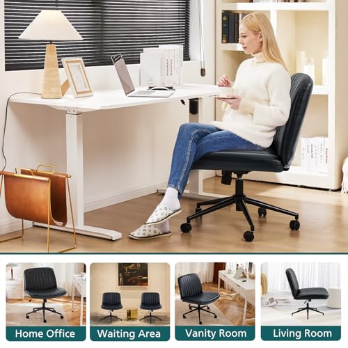 OLIXIS Criss Cross Chair with Wheels, Vanity Chair, Home Office Desk | Wide Seat Armless, Faux Leather, Height Adjustable Swivel Rolling, Home Computer Task Seating for Bedroom Study, Black PU - color: Black Pu