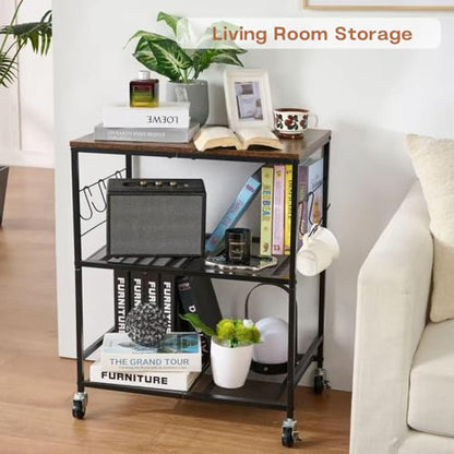 Rolling Kitchen Microwave Cart, 3 Tier Microwave Stand with Storage, Small Kitchen Island on Wheels, Wood and Mental Kitchen Shelf Rack, Black Organizer for Living Room, Office, Balcony - color: Black