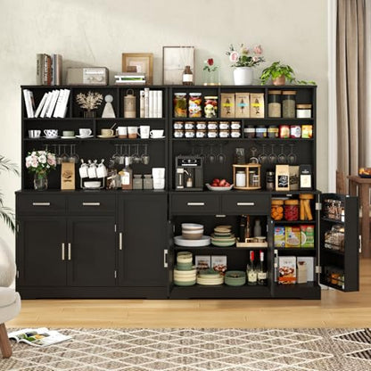 Tall Pantry Cabinet, Modern Kitchen Hutch with Microwave Stand, Kitchen Pantry Storage Cabinet with 2 Darwers & Door Shelf, Food Pantry with Goblet Holders & Adjustable Shelves for Dining Room, Black - color: Black-goblet Holders
