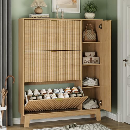 Xixini Shoe Cabinet with 3 Flip Drawers, 54" Tall Narrow Fluted Shoe Storage Organizer for Entryway, Hidden Wooden Shoe Rack with Adjustable Side Cabinet for Front Door Entrance, Hallway, Natural Oak - color: Natural Oak, size: 3 Flip Drawers & Side Cabin
