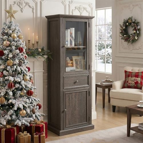 65" Tall Bookcase with Tempered Glass Door, Elegant Freestanding Display Cabinet with Drawer, Modern Wooden Kitchen Pantry Storage Cabinets for Living Room/Office(Brown) - color: Brown & 24 X 65