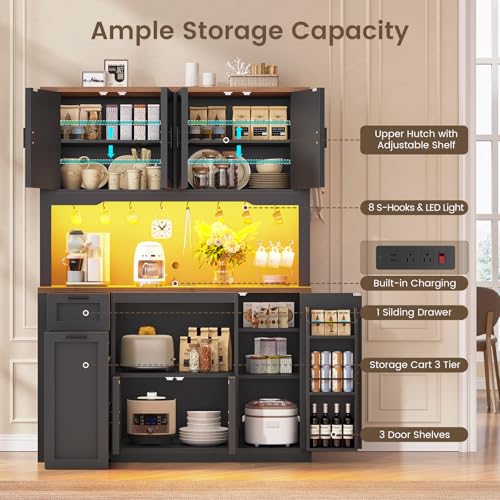 Itaar 71" Pantry Cabinet with Charging Station and LED Light, Kitchen Pantry Cabinet with Microwave Stand, 47.2" Wide Kitchen Storage Cabinets with Storage Cart 3 Tier for Dining Room, Black - color: Black