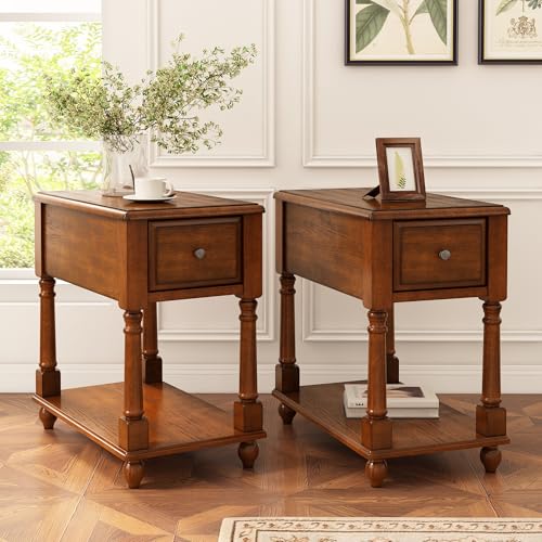 Set of 2 Narrow End Table with Drawer and Shelf, Solid Wood Sofa Side Tables 2-Tier Skinny Table with Storage Slim Bedside Table for Small Space Living Room-Cherry Brown 004DR - color: Cherry Brown, size: Set of 2