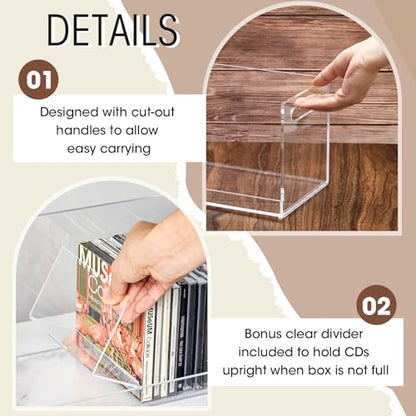 CroBlissful 2 Pcs Acrylic Cd Storage Box, Clear Acrylic Stackable Cd Holder Racks with Cutout Carrying Handles, Organizer Shelf for Media, Movie Cases, Dvds Organizer