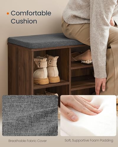 SONGMICS Home Storage Bench, Snapsemble Superfast Assembly, 41" Wide Entryway Shoe Bench with Cushion & Adjustable Shelves, Shoe Rack Cabinet, Natural Walnut and Slate Gray ULHS391KE04S - color: Natural Walnut + Slate Gray, style: 12"D x 40.9"W x 18.9"H w