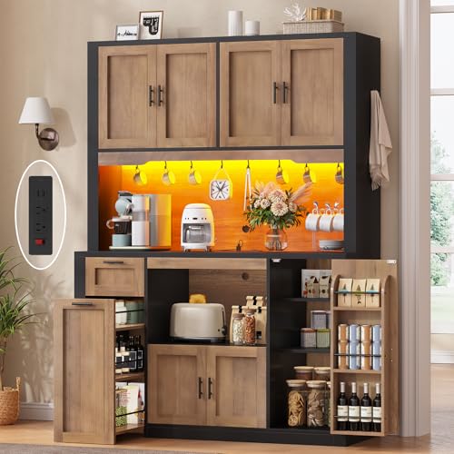 Itaar 71" Pantry Cabinet with Charging Station and LED Light, Kitchen Pantry Cabinet with Microwave Stand, 47.2" Wide Kitchen Storage Cabinets with Storage Cart 3 Tier for Dining Room,Brown - color: Brown