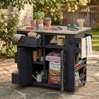 Outdoor Solid Wood Kitchen Island with Storage, 28" Extendable Stainless Steel Top Grill Cart, Rolling BBQ Prep Station with Drawers, Spice Rack, Towel Rack for Backyard, Patio, Camping - color: Black