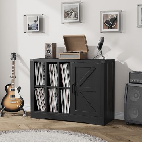 Vinyl Record Player Stand with Storage, 39.4" Farmhouse Turntable Stand Cabinet with Barn Door, Holds 750+ LP Albums, Wooden Stereo Cabinet & Media Console Display Shelf for Living Room, Black