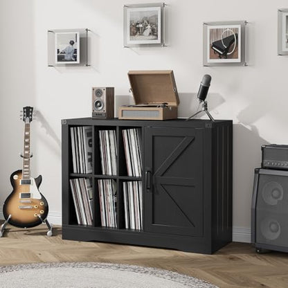 Vinyl Record Player Stand with Storage, 39.4" Farmhouse Turntable Stand Cabinet with Barn Door, Holds 750+ LP Albums, Wooden Stereo Cabinet & Media Console Display Shelf for Living Room, Black