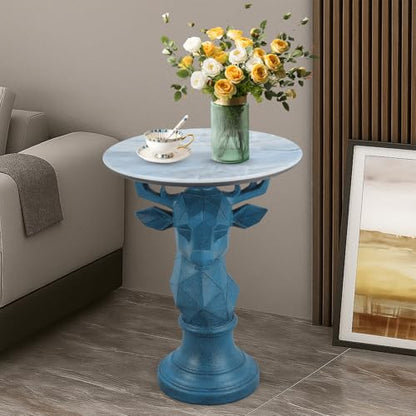 Modern Deer Head Sculpture Side Table, Round Metal End Table with Geometric Animal Base, Industrial Accent Table for Living Room, Bedroom, Office, Dark Bronze Finish - color: Deer - Blue Geometric