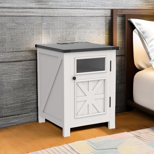 JXQTLINGMU Farmhouse End Table with Charging Station, 18'' Rustic Nightstand with Barn Door & Adjustable Shelf, Wooden Sofa Side Table with 3-Tier Storage for Living Room, Bedroom, White - color: White