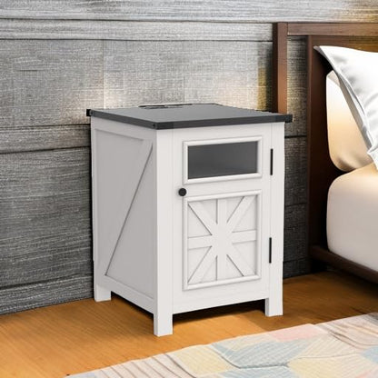 JXQTLINGMU Farmhouse End Table with Charging Station, 18'' Rustic Nightstand with Barn Door & Adjustable Shelf, Wooden Sofa Side Table with 3-Tier Storage for Living Room, Bedroom, White - color: White