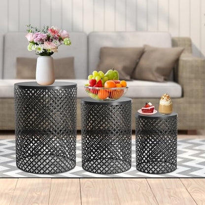Outdoor Side Table, 3PCS Round Metal Frame Coffee End Tables, Modern Decorative Garden Stool, Multifunctional Nesting Side Table for Garden, Balcony, Cafe, Park, Pool Side (Black)