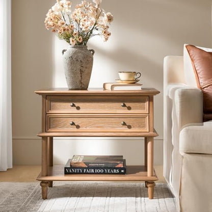 HULALA HOME Farmhouse Nightstand with Drawer & Open Shelf, Natural Wood End Table with Solid Wood Legs, 28.4'' Wide Sofa Side Table with Charging Station(Oak) - color: Oak