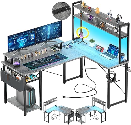 Aheaplus Small L Shaped Gaming Desk with LED Lights & Power Outlets, Reversible L-Shaped Computer Desk with Monitor Stand & Storage Shelf, Corner Desks Home Office Desk with Storage Bag, White Oak - color: White Oak