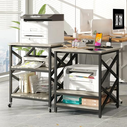 METYERRY 23.6"x23.6" Large Printer Stand with Power Outlet, 3 Tier Cart | Adjustable Shelf, Fits 3D Printers, Laser Printers and Heat Press, 200 lbs Heavy Duty, Industrial Wheels, Home Office - color: Greige