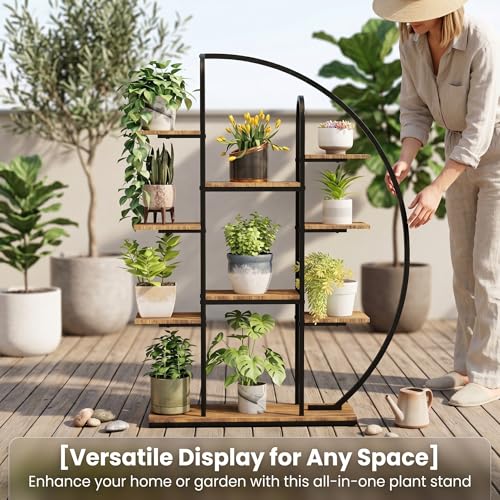 Tall Metal Plant Stand with Grow Light, 9-Tier Moon-Shaped LED Flower Rack, Multi-layer Display Holder for Living Room Balcony
