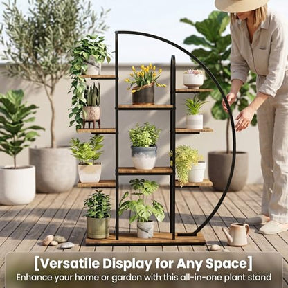 Tall Metal Plant Stand with Grow Light, 9-Tier Moon-Shaped LED Flower Rack, Multi-layer Display Holder for Living Room Balcony