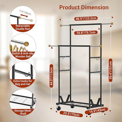 Rolling Garment Rack - Double Rod Clothes Rack with Lockable Casters, Mesh Storage Shelf & Anti-Slip Wooden Finials accented - Sleek Black Freestanding Closet Organizer for Coats, Dresses - color: 1-Tier (59.5 H")