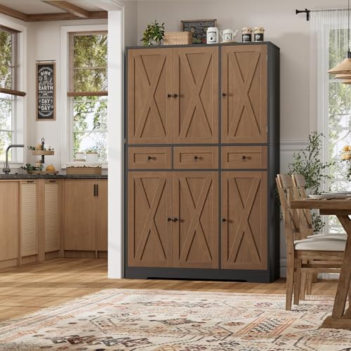 HOSTACK 67"H Farmhouse Kitchen Pantry Storage Cabinet with 3 Drawers, Brown | Large Food Pantry Cabinet with Swing-Out Door Rack & Adjustable Shelf for Kitchen, Dining room, Living room - color: Brown/Black