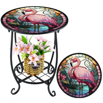 Cinnvoice Outdoor Side Table Round Small Mosaic Patio Accent Indoor End Plant Coffee Tea Table for Yard Patio Porch Garden Living Room, Bedroom(Flamingo Style,12 Inch) - size: 12 Inch, style: Flamingo Style