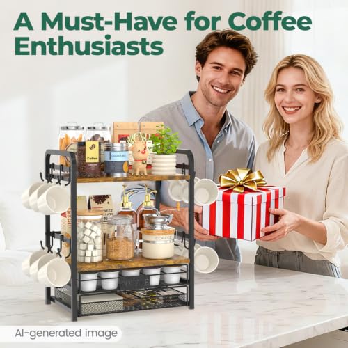 EsLuker.ly Coffee Bar Organizer Station Shelf Mug Holder for Countertop, 4 Tier Mug Holder Stand with 12 Hooks, K Cup Pod Drawer - color: Black+Brown+Brown
