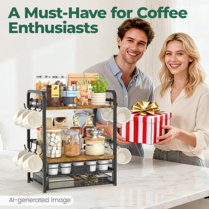 EsLuker.ly Coffee Bar Organizer Station Shelf Mug Holder for Countertop, 4 Tier Mug Holder Stand with 12 Hooks, K Cup Pod Drawer - color: Black+Brown+Brown