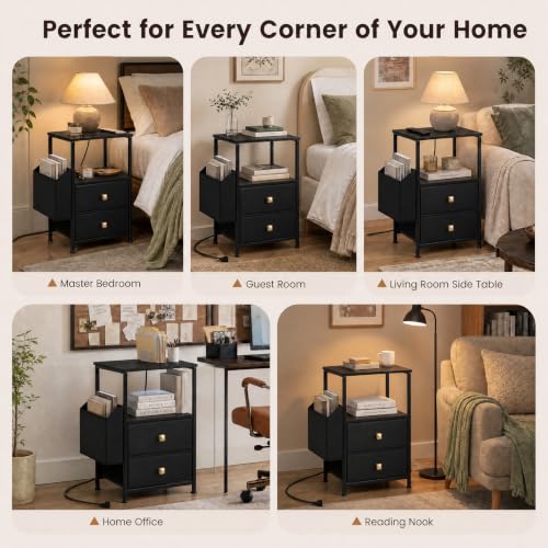 MALOL Night Stand with Charging Station & Led Light Strip, Bedside Table with Open Shelf & 2 Fabric Drawers and Reversible Side Storage Pocket, Modern End Table Bedroom,Living Room,Black - color: Black, size: Set of 1