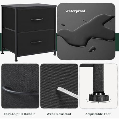 Nightstand Set of 2 Upgraded Small 2 Drawer Dresser End Table | Bedside Furniture, Wooden Top Fabric Bins for Bedroom, Closet, Entryway, Dorm, 11.8" D x 18" W x 20", Black - color: Black