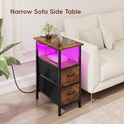 Vagusicc Set of 2 Nightstand with Charging Station and LED Lights, Narrow Side Table, LED Night Stand with 2 Fabric Drawers, Bedside Table Small End Table, Tall Nightstand for Bedroom, Rustic Brown - color: Rustic Brown, size: 2, style: With LEDs