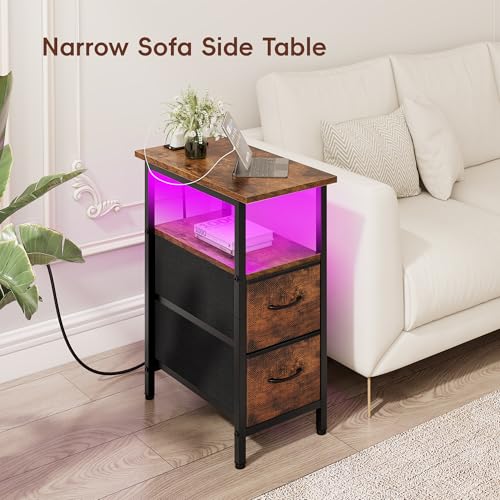 Vagusicc Set of 2 Nightstand with Charging Station and LED Lights, Narrow Side Table, LED Night Stand with 2 Fabric Drawers, Bedside Table Small End Table, Tall Nightstand for Bedroom, Rustic Brown - color: Rustic Brown, size: 2, style: With LEDs