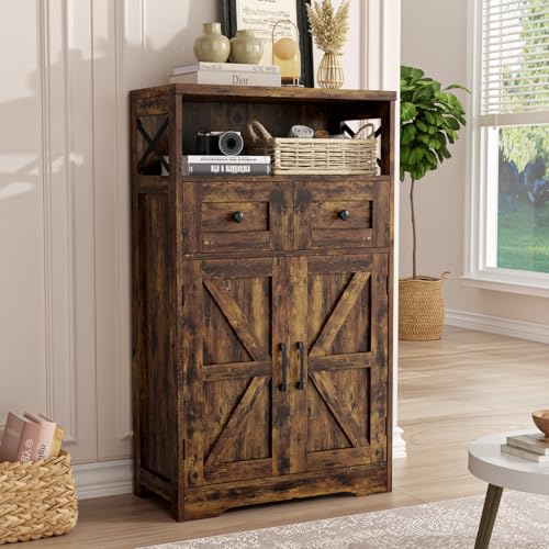 FiveWillowise Rustic Brown Farmhouse Storage Cabinet with Barn Doors and Shelves, Freestanding Kitchen Pantry Storage Cabinet, Coffee Bar Station, Hutch Cupboard for Kitchen, Dining Room, Livingroom - color: Rustic Brown