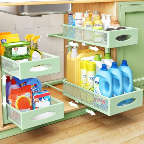 2 Pack Under Sink Organizer, 2 Tier Pull out Cabinet Organizer Mesh Baskets with 5 Adjustable Heights, Sliding Drawers Storage Shelf for Home, Kitchen, Bathroom, Pantry, Office, Countertop ,Green - color: Green, size: 2 Pack