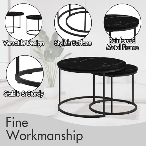 Nesting Coffee Table Set of 2 Round Side Tables, 27.6 Inch Marble Top Coffee Table with Metal Frame for Small Space, Living Room, Bedroom, Balcony & Apartment(Black) - color: Black