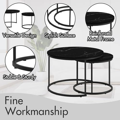 Nesting Coffee Table Set of 2 Round Side Tables, 27.6 Inch Marble Top Coffee Table with Metal Frame for Small Space, Living Room, Bedroom, Balcony & Apartment(Black) - color: Black