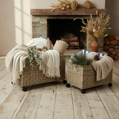 PEMAR Set of 2 Nesting Natural Wicker Rolling Storage Baskets on Wheels with Insert Handles, Under Table Under Desk Woven Storage Bins, Mobile File Cabinet Organizer, Seagrass, Sizes M and L