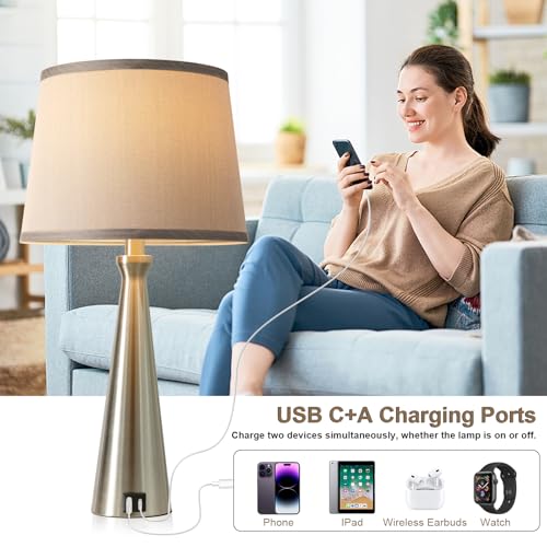 Seealle Modern Table Lamps Set of 2 - Touch Bedside Lamp for Nightstand with Dual USB C+A,3-Way Dimmable Silver Nightstand Lamps for Living Room Bedroom End Table with Grey Shade(Bulb Included) - color: B. Silver-Grey