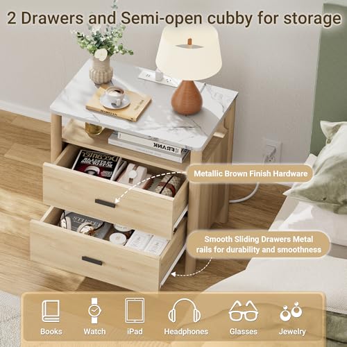 Night Stand Set 2, 23" Nightstands Set of 2, Modern Nightstand with Charging Station & Faux Marble Top, 2 Drawer End Table with Solid Round Post Legs, Bedside Table for Bedroom, Natural Oak - color: Natural Oak + Faux Marble Top, size: 24''W x 15.7'D x 24