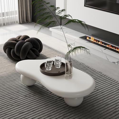 47.2” Cloud Coffee Table with 3 Ball Legs, Modern Irregular Center Table for Living Room, Low Cute Small MDF Tea Table for Bedroom, Space Apartment Cream White - color: Cloud-47" White