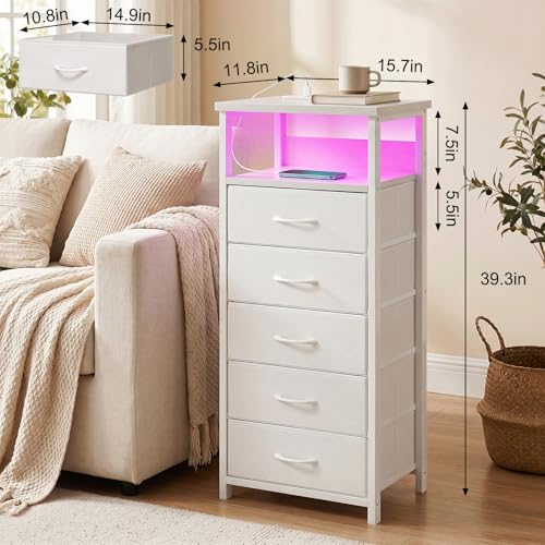 Fixwal Tall Nightstand with Charging Station and LED Lights, Night Stand with PU Finish Fabric Storage Drawers, 5 Drawer Dresser, White - color: White, size: 39.3"H (5 drawers), style: Power+Light (1pc)