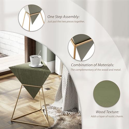 COZAYH Modern Geometric End Table with Wooden Top and Golden Metal Base, Unique Pyramid Side Table Plant Stand for Office, Living Room, Bedroom, Fully Assembled, Triangle, Green - color: Green