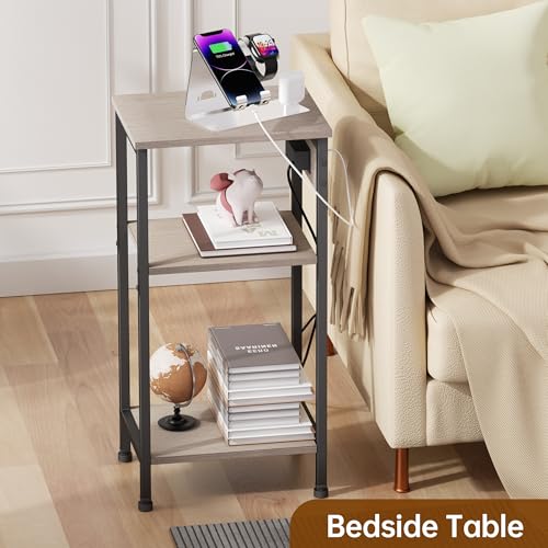 Asgolion Tall End Table with Charging Station, 3 Tier Narrow Beside Table with Adjustable Shelf, Tall Side Table Nightstand for Bedroom, Living Room Coffe Table, Office, Greige - color: Greige, size: 14.8"D x 11"W x 30"H