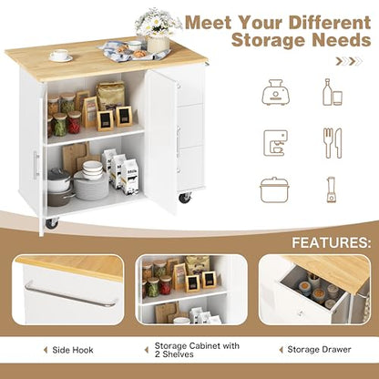 Shintenchi Kitchen Island with Folding Drop Leaf, Rolling Island Table with Storage, Kitchen Cabinet on Wheels with Seating Area for Kitchen, Bar Cart with Cabinet, White - color: White