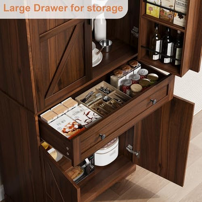Garvee 71" Kitchen Pantry Cabinet, Barn Door Freestanding Cupboard with Drawer, Sliding Storage Rack, and 6 Hanging Shelves for Kitchen, Dining Room, Living Room Bedroom - color: Walnut